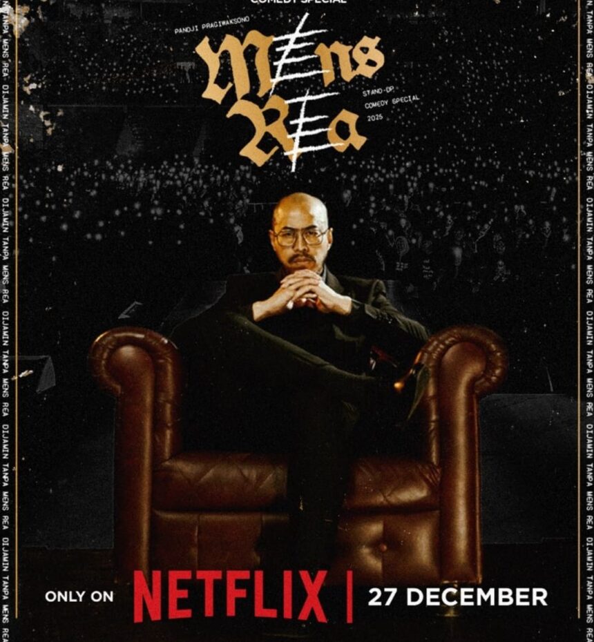 Poster pertunjukan komika Pandji Pragiwaksono bertajuk Mens Rea yang tayang di Netflix. Foto: X @pandji