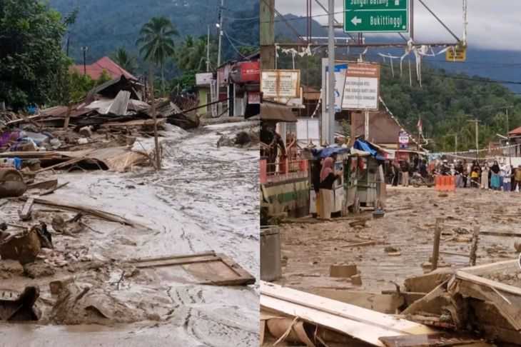 Banjir bandang menerjang Pasar Maninjau, Kabupaten Agam, Sumatera Barat, Kamis (1/1/2026) dini hari, akibat hujan deras. Foto: TikTok @delfi_rahmi