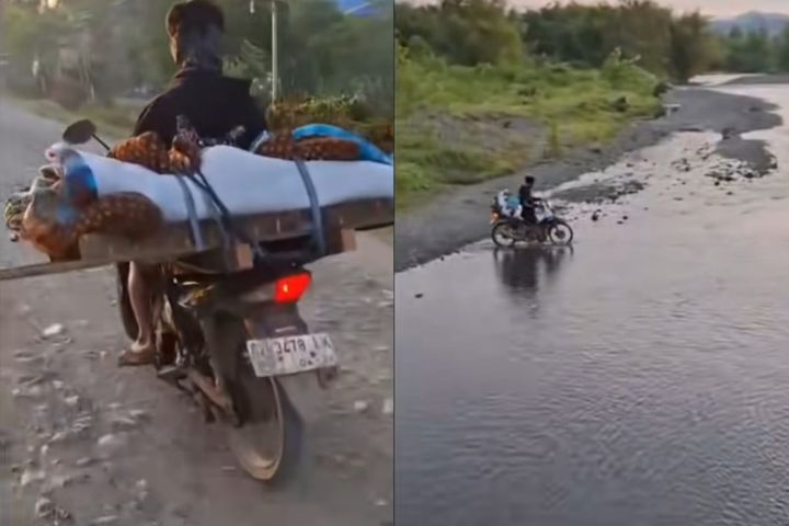 Jenazah Pirna (19) dibonceng menggunakan sepeda motor di Kabupaten Tojo Una-Una, Sulawesi Tengah, Rabu (14/1/2026). Foto: Tangkap layar TikTok @lensanalarcom