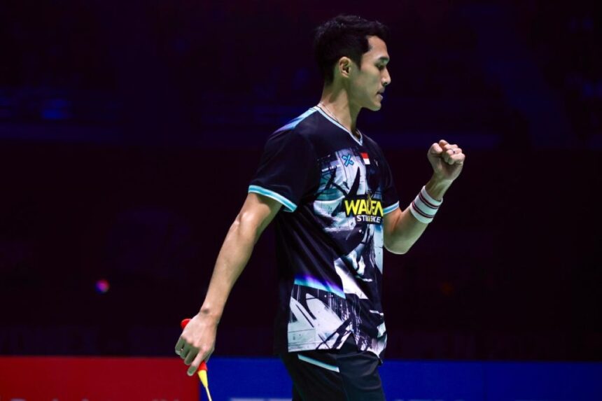 Jonatan Christie meluapkan kemenangannnya di semifinal India Open 2026. Foto: PBSI