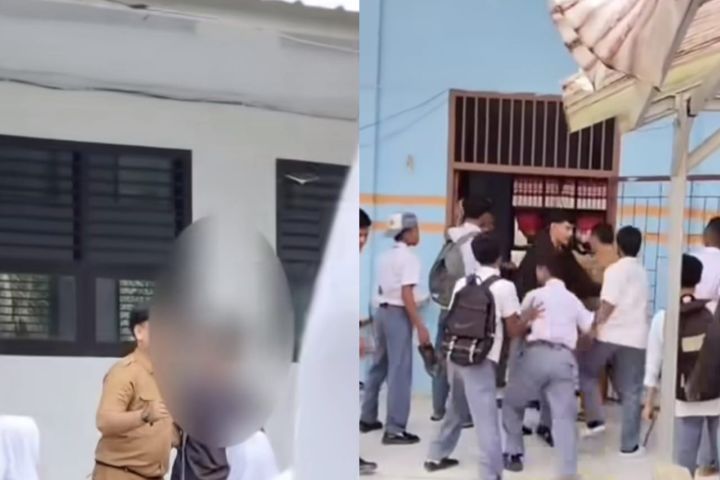 Viral video kericuhan antara oknum guru dan siswa di SMKN 3 Tanjabtim, Jambi, menuai sorotan publik. Sang guru akhirnya melapor ke Dinas Pendidikan Provinsi Jambi karena merasa tak mendapat jaminan keamanan. Kasus ini kini ditangani melalui jalur mediasi. Foto: Tangkap layar IG @folkjog