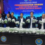 Plt Deputi Pemberantasan BNN, Brigjen Pol Roy Hardi Siahaan dan jajaran menunjukkan sejumlah barang bukti sabu dan ganja siap edar dalam pengungkapan dua kasus besar jaringan narkotika lintas daerah dan negara di kantor BNN Jakarta, Kamis (5/2/2026). Foto: Joesvicar Iqbal/ipol.id