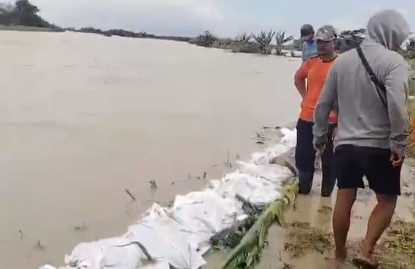 Petugas gabungan memonitoring usai memperkuat tanggul sungai menggunakan kantong berisi pasir di Desa Gubug, Kecamatan Gubug, Kabupaten Grobogan, Jawa Tengah, Senin (16/2/2026). Foto: Ist