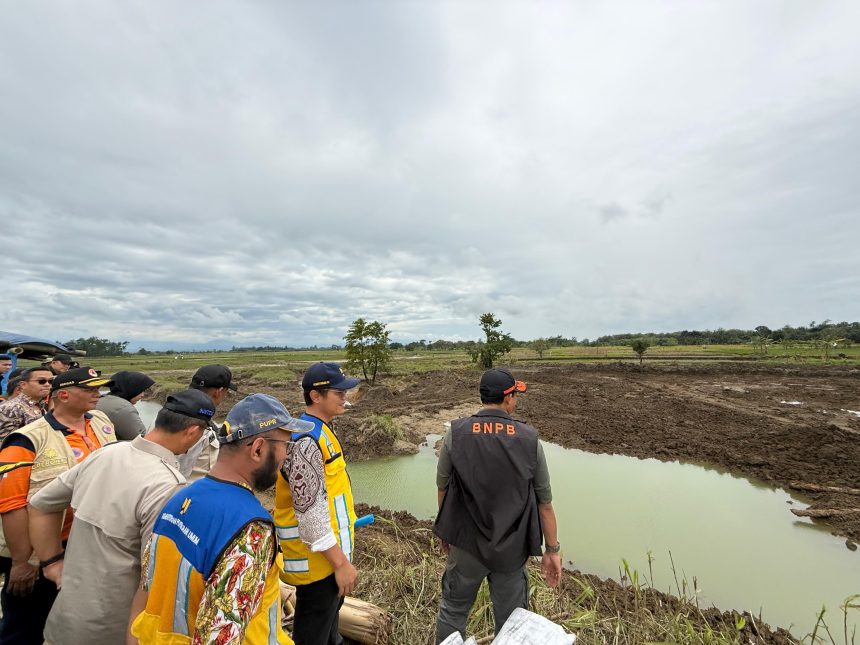 Kepala Badan Nasional Penanggulangan Bencana (BNPB) Suharyanto (kemeja hijau dan rompi hijau) saat meninjau progres perbaikan tanggul di Desa Tinanding, Kecamatan Kebonagung, Kabupaten Grobogan, Jawa Tengah, Jumat (20/2/2026). Foto: Ist