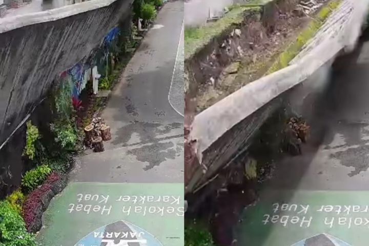 Tembok SMPN 182 Kalibata di Pancoran, Jakarta Selatan roboh pada Minggu siang. Foto: IG @infodepok_id
