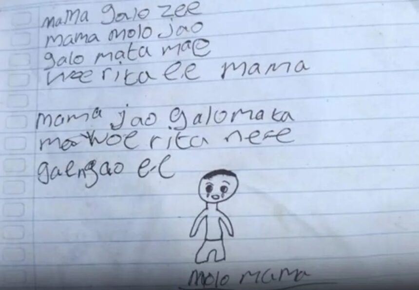 Surat yang diduga ditulis seorang siswa SD berinisial YBS di Kabupaten Ngada, NTT, sebelum ditemukan meninggal dunia. Foto: Instagram @medsoszone