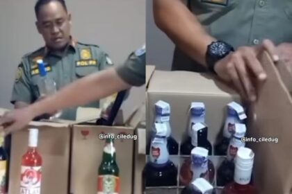 Sebanyak 51 botol minuman keras ilegal disita aparat gabungan dalam Operasi Pekat Jaya yang digelar di kawasan Jakarta Timur. Foto: Tangkap layar IG @satpolppmatraman
