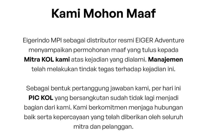 Disindir karena “followers masih 2K”, kreator ini angkat suara. Viral di media sosial, Eiger minta maaf dan pecat PIC terkait.