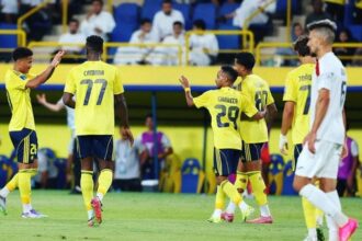 Selebrasi skuad Al Nassr saat menang 1-0 dari Arkadag. Foto ::Ist