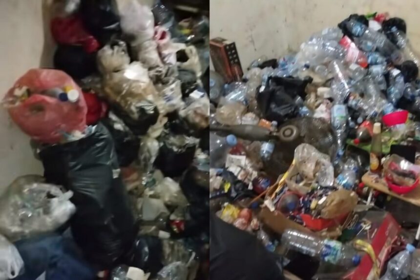Kondisi kontrakan di Serpong ini bikin geleng kepala. Sampah menumpuk hingga tak ada ruang untuk berjalan. Foto: Tangkap layar TikTok @fitrieka95_