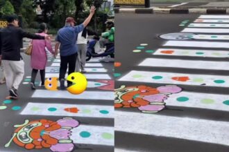 Zebra cross hilang di Tebet, warga turun tangan buat garis penyeberangan digambar ulang pakai gaya Pac-Man demi keselamatan. Foto: IG @jakarta.keras