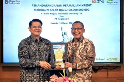 Penandatanganan Perjanjian Kredit (PK) antara pihak BNI dan Pegadaian yang berlangsung di Jakarta pada Selasa (10/3/2026). Foto: Dok BNI
