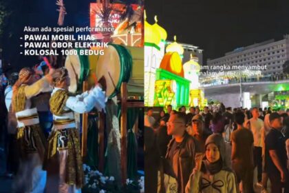 Dari tabuhan 1.000 bedug, pawai obor, hingga pertunjukan laser dan dancing fountain semua menyatu jadi satu perayaan takbiran yang spektakuler di kawasan Bundaran HI, Jumat (20/3/2026) malam. Foto: Tangkap layar IG @jkt.spotseeker