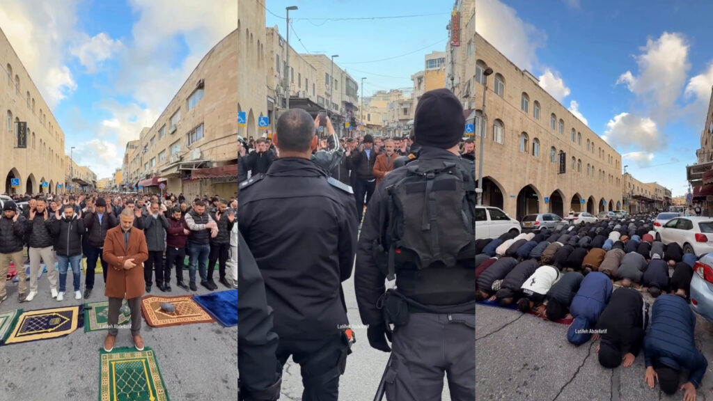 Para warga Palestina menggelar salat Id di Jalan Salah al-Din, dibawah pengawasan tentara Israel. (dok. (dok. IG/@eye.on.palestine).