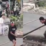 Warga memblokir rel kereta api di Kelurahan Garuntang, Bandar Lampung. Foto: Tangkap layar IG @andreli_48