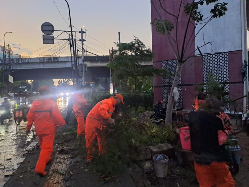 Sejumlah petugas PPSU melakukan penanganan evakuasi pohon tumbang di beberapa titik di wilayah Jakarta Timur, Minggu (12/4/2026). Sejumlah unit kendaraan roda dua tertimpa pohon yang tumbang. Foto: Ist