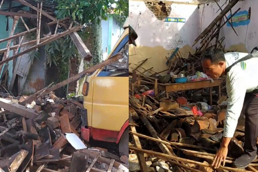 Gudang tua di SDN Bendo 2, Magetan roboh usai diguyur hujan deras, Minggu (12/4/2026). Foto: Tangkapan layar TikTok @aperdana7