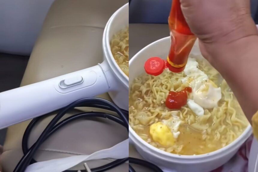 Penumpang masak mie instan pakai kompor listrik di dalam kereta api. Foto: Tangkapan layar Instagram @infodepok