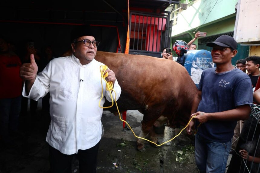 Wagub DKI Jakarta, Rano Karno saat menyerahkan hewan kurban