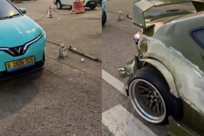 Kecelakaan melibatkan taksi listrik Green SM dan Toyota GT86 full modifikasi. Foto: Tangkapan layar TikTok @rifkinugrahaaa