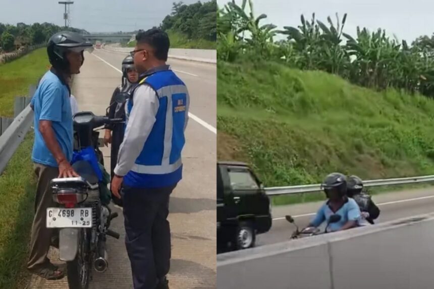 Pemotor berboncengan tiga nekat masuk Tol Batang hingga melawan arah. Foto: Tangkapan layar Instagram @lokal.batang