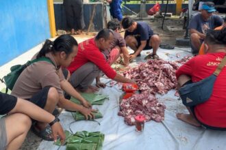 Para jurnalis tergabung di kelompok kerja Jurnalis Jakarta Utara membungkus daging kurban menggunakan daun pisang untuk dibagikan ke warga di kawasan Ancol, Pademangan, Jakarta Utara, Rabu (27/5/2026). Foto: Ist