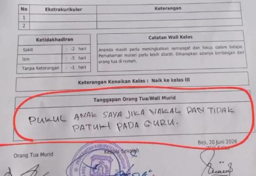 Ayah siswa menulis pesan kepada guru agar tidak segan mendisiplinkan anaknya jika nakal dan tidak patuh. Foto: TikTok @m455_4ll