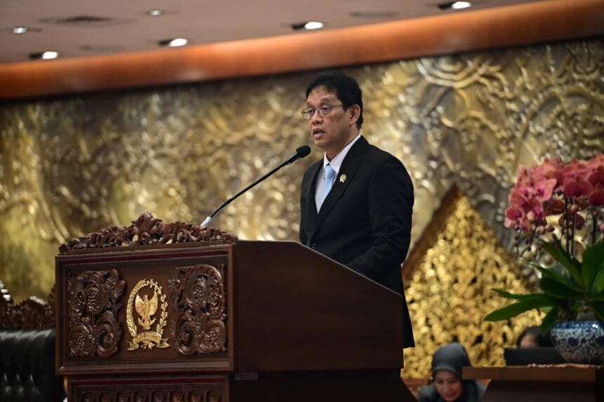 Menteri Keuangan Purbaya Yudhi Sadewa saat menyampaikan pidato tanggapan pemerintah atas pandangan f20260609142106
