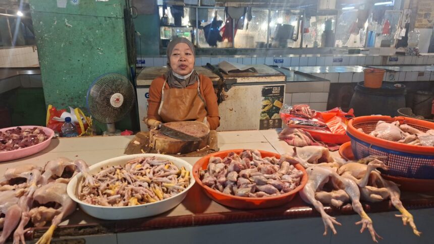 Sutina, pedagang ayam potong di Pasar Cibubur, Kecamatan Ciracas, Jakarta Timur. Foto: Joesvicar Iqbal/ipol.id