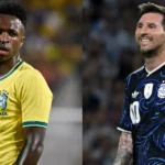 Punggawa Brasil Vinicius Junior (kiri) dan Punggawa Argentina Lionel Messi (kanan). Foto : Ist