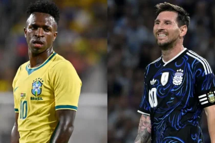 Punggawa Brasil Vinicius Junior (kiri) dan Punggawa Argentina Lionel Messi (kanan). Foto : Ist