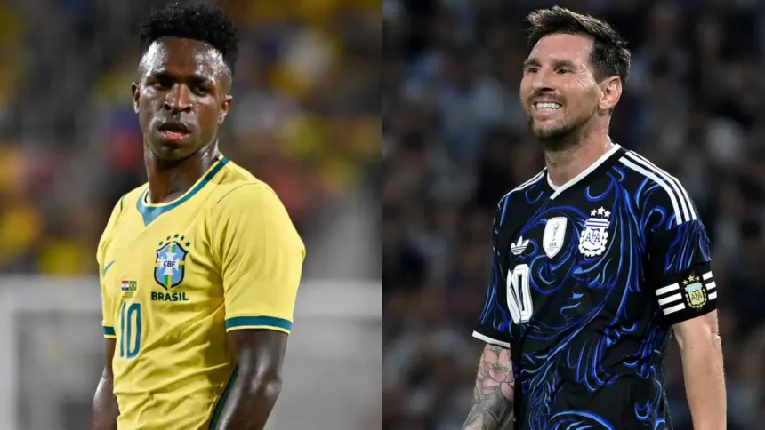 Punggawa Brasil Vinicius Junior (kiri) dan Punggawa Argentina Lionel Messi (kanan). Foto : Ist