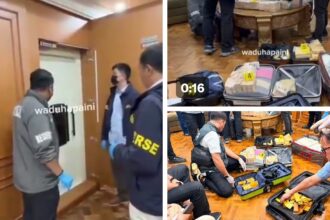 Suasana penggeladahan oleh Polri di sebuah rumah diduga di kawasan Sentul Bogor. Foto: X @bebekhermes, @waduhapaini