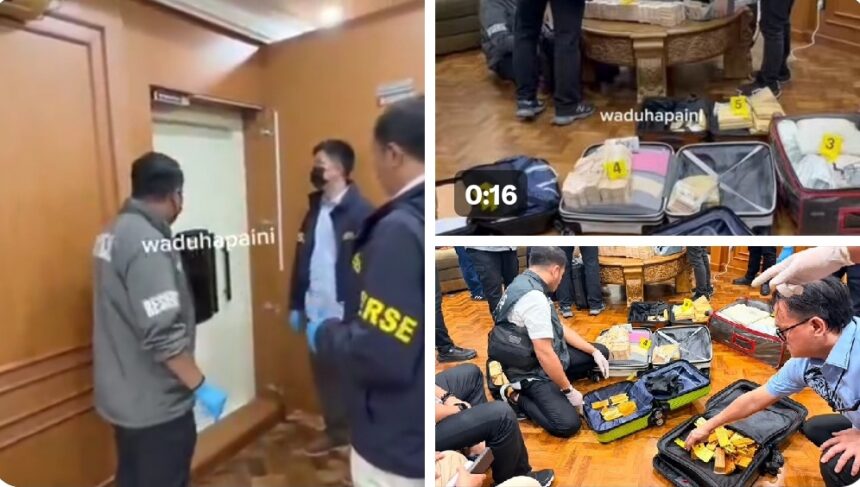 Suasana penggeladahan oleh Polri di sebuah rumah diduga di kawasan Sentul Bogor. Foto: X @bebekhermes, @waduhapaini